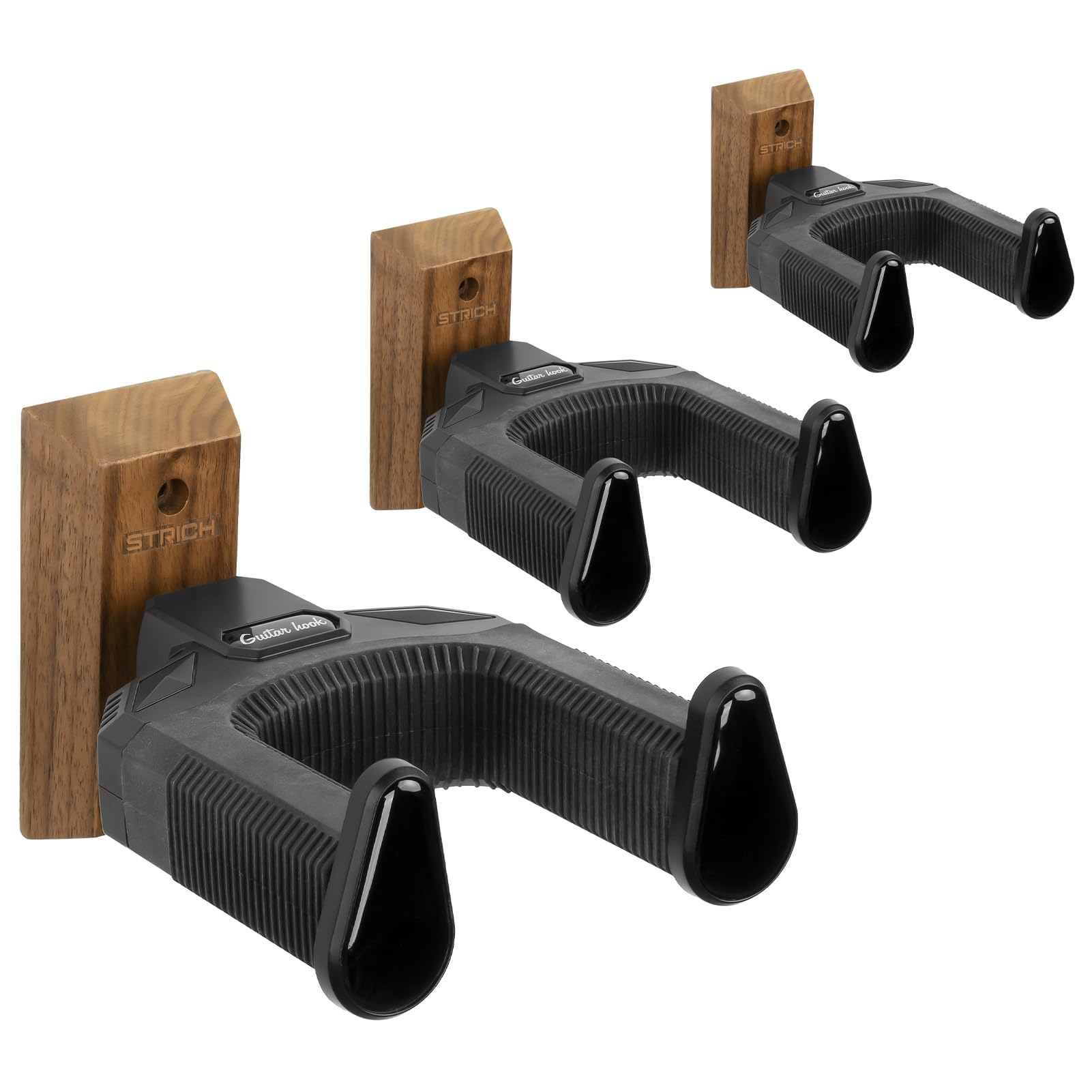 STRICH Walnut Base Guitar Hanger - U-Shaped Guitar Wall Mount with Auto Lock Holder for Acoustic, Electric, Banjo & Bass (3-Pack)