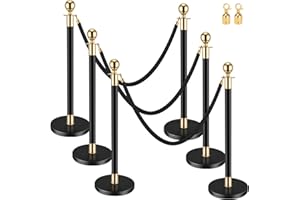 IVONNEY Crowd Control Stanchions, Velvet Rope Stanchion Set, Stanchion Posts Queue Pole with 5 ft/1.5 m Black Velvet Rope - Stanchions and Velvet Ropes for Movie Theater (38 Inch, 6Pcs - Black, Gold)