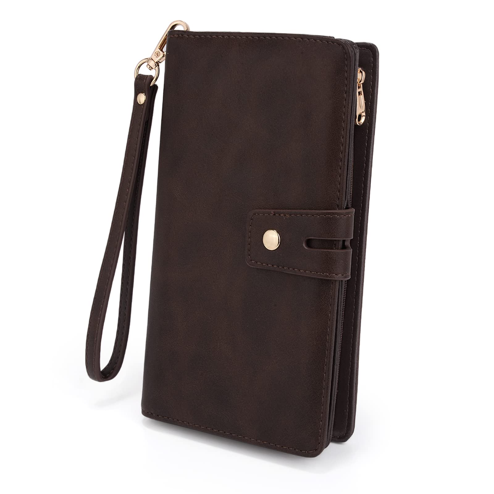 UTO Ladies Purse Wallet for Women Wristlet Phone Bag 20 Card Slots Removable Cheque Cover with Pen Holder PU Leather Coffee