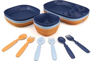 MIGHTYMOE Kid’s Dinnerware Set - 15 Pieces - 3 Place Settings - Tough Tableware for Toddlers - Made in the USA - Dishwasher and Microwave Safe - BPA Free and Shatter Resistant (Sunset)