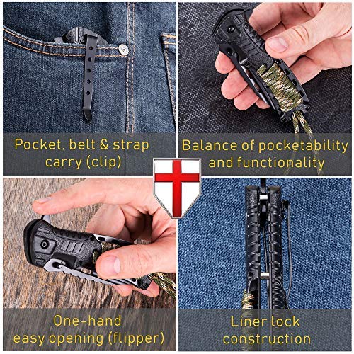 Pocket Knife - Tactical Folding Knife - Spring Assisted Knife with Fire Starter & Paracord Handle - Best EDC Survival Hiking Camping Knife for Army Military Emergency Outdoor Rescue - GrandWay 6772