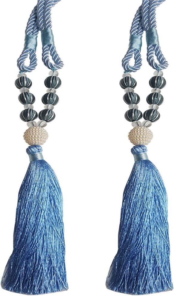 EleCharm 1 Pair European Tassel Pearl Ball Curtain Rope Tie Cord Tiebacks (Blue)