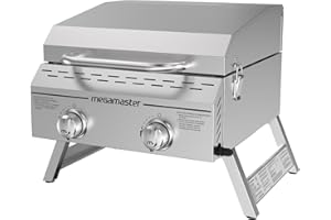 Megamaster 2-Burner Stainless Steel Portable Gas Grill with Built-In Lid, 16,000 BTUs, Foldable Legs, Small Propane Grill for Outdoor Cooking, Camping, Tailgating, Patios, and More - 820-0033M
