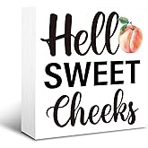 Hello Sweet Cheeks Sign, Bathroom Box Sign, Funny Bathroom Decor, Rustic Box Sign Decor Tabletop, Bathroom Shelf Decoration, Home Decor for Bathroom Toilet Restroom, Peach Bathroom Decor