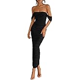 PRETTYGARDEN Womens 2026 Summer Off The Shoulder Dress Ruched Bodycon Sleeveless Split Cocktail Party Maxi Dresses