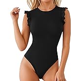 MANGOPOP Women's Body Suits Cute Crew Neck Ruffle Sleeveless Slim Fit Bodysuit Tank Tops Tight Casual Sexy