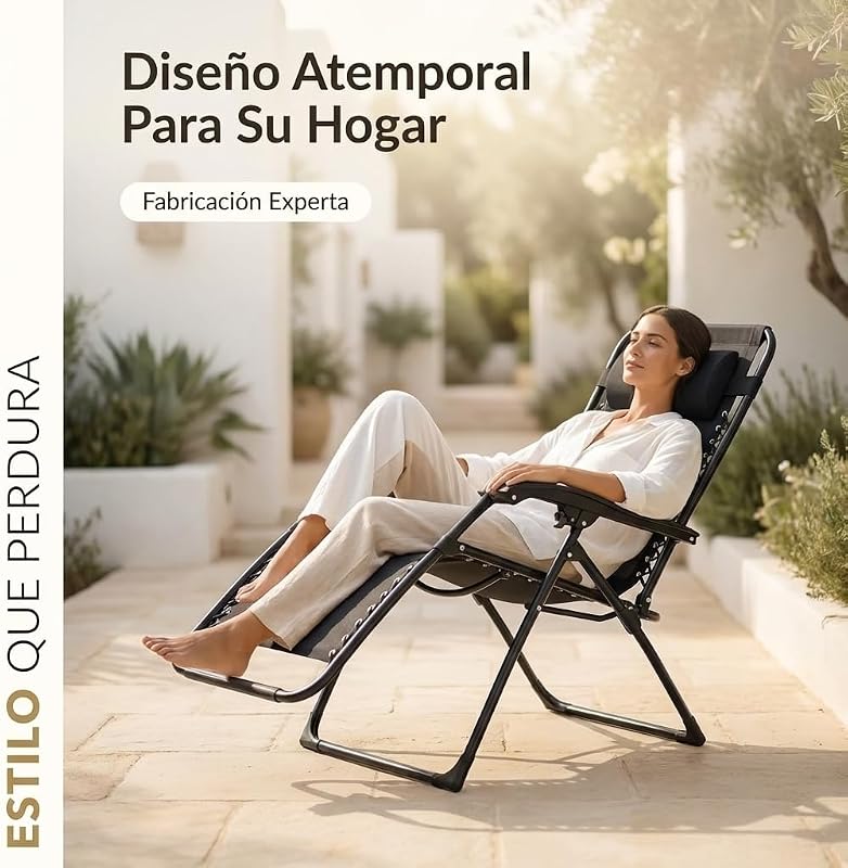 Espreguiçadeira Exterior Dobrável | Apoio para os Pés & Almofada Ajustável | Bandeja lateral de cadeira reclinável para bebidas, telemóvel e livros | para terraço, campismo, praia, piscina (preto) — foto 4 de 6