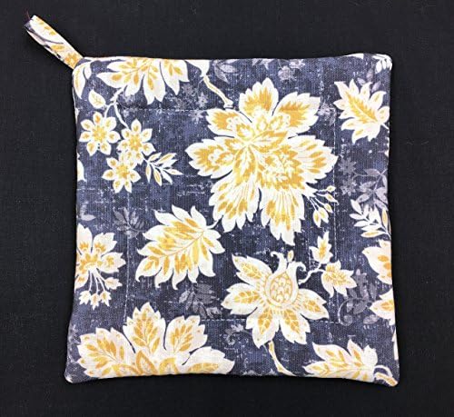 Yellow and White Flowers on Gray Grey Square Pot Holder Hot Pad Pan Plate Trivet