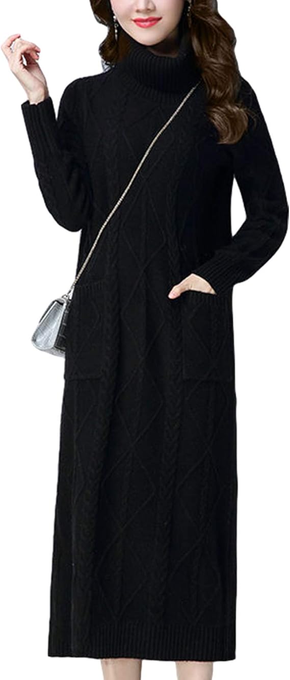 Amazon ワンピース レディース ロング ニットワンピース 秋 冬 長袖 ハイネック インナーワンピース ゆったり 体型カバー セーター ワンピース 着やせ エレガント ワンピース チュニック 通販