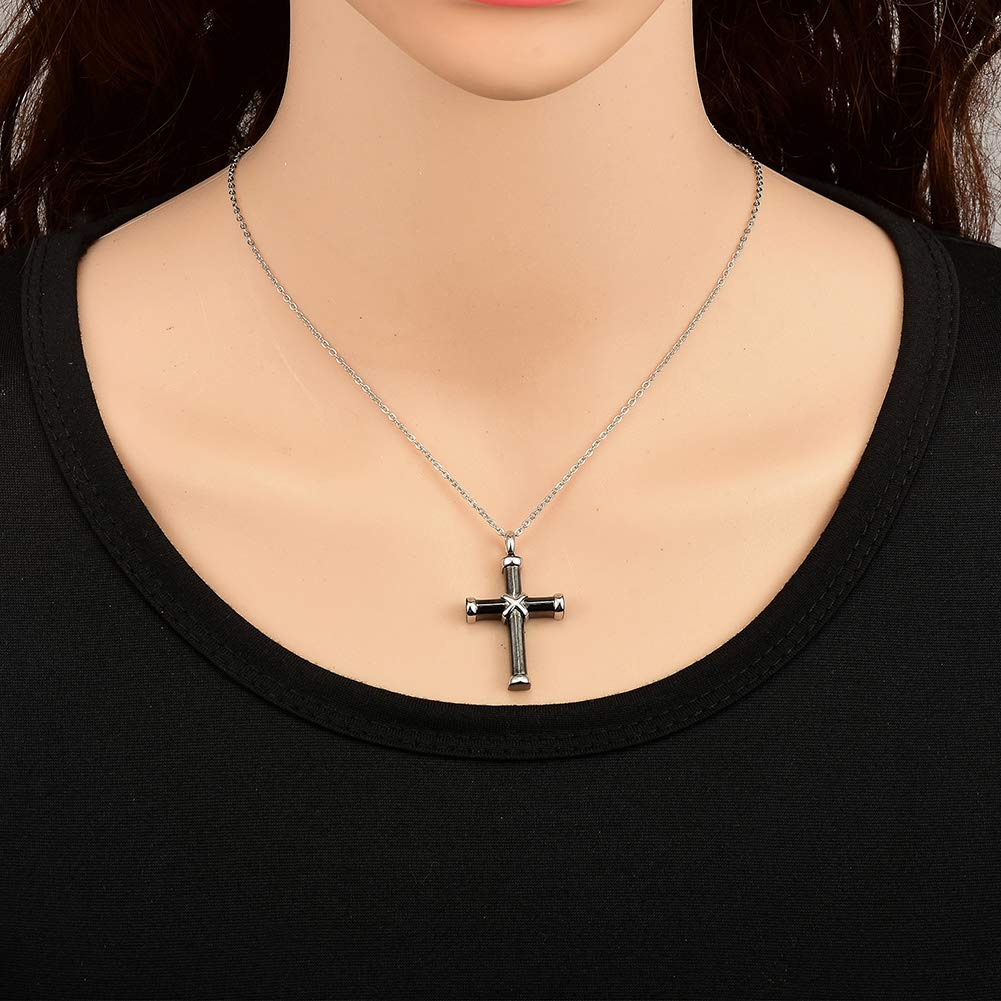 W/W Lifetime Cross Necklace for Women Ashes Urn Memorial Pendant Perfume Bottle Necklace Stainless Steel Cremation Jewelry (Black)
