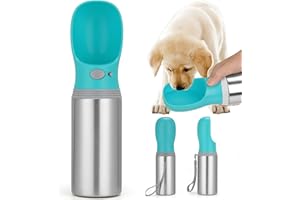 ANIPAW Portable Dog Water Bottle, 14 OZ, Stainless Steel Leak Proof Puppy Water Dispenser with Drinking Feeder for Pets Travel, Walking, Hiking and Outdoor Activities