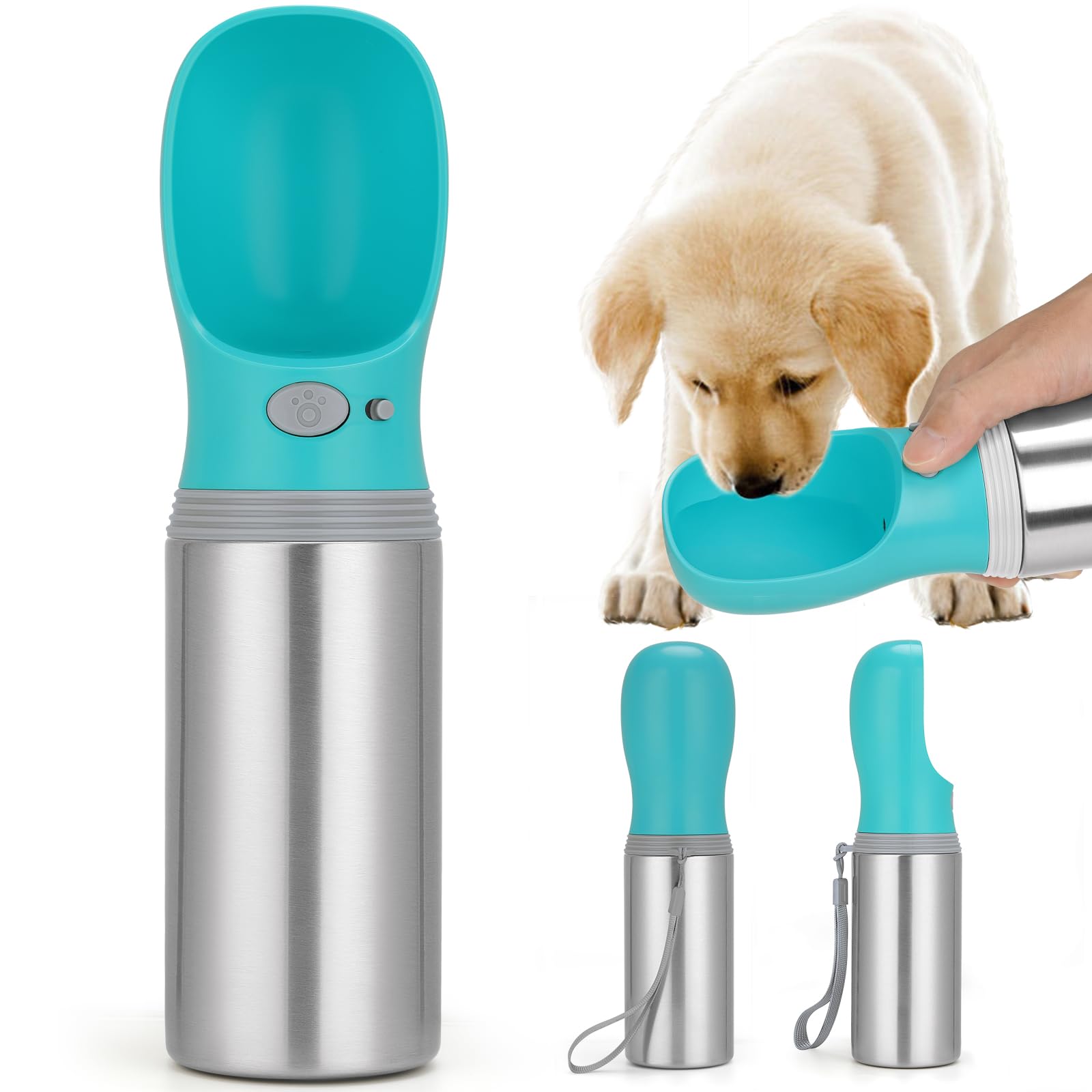 Photo 1 of Portable Dog Water Bottle, 14 OZ, Stainless Steel Leak Proof Puppy Water Dispenser with Drinking Feeder for Pets Travel, Walking, Hiking and Outdoor Activities