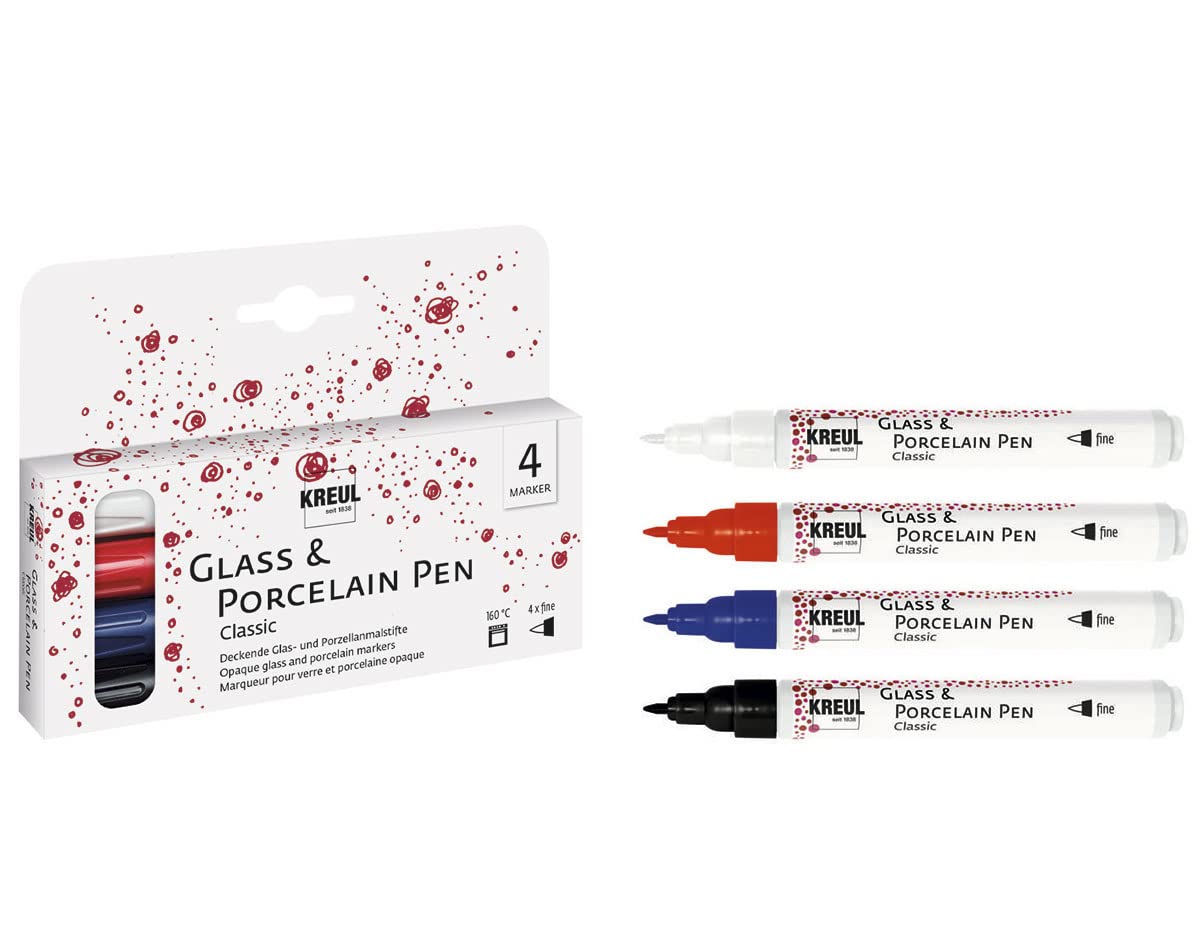 KREUL 16440 Glass & Porcelain Pen Classic Fine 4 Colours Set Retains Dimensional Tip Line Width Approx. 1-2 mm Opaque Glass and Porcelain Water-Based Paint