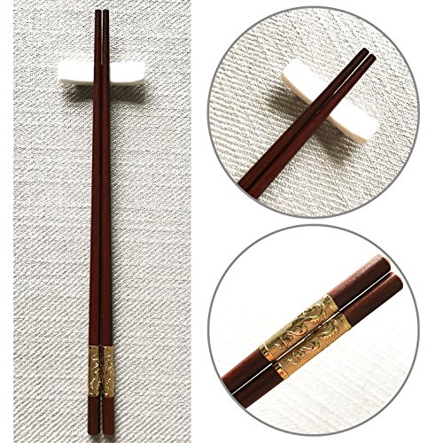 Chinese Dragon Chopsticks, Red Sandalwood, Reusable Classic Style, 2 Pairs Wooden Chopsticks with Holder and Case, Value Gift Set