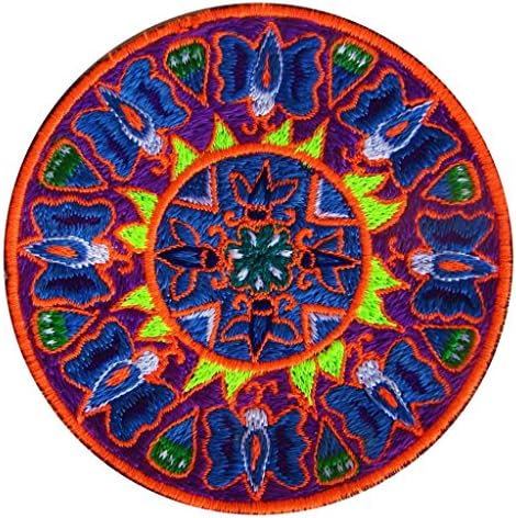 ImZauberwald peyote butterfly mandala patch (mescaline Peyote cactus indigene design, 8cm or 3.2 inches) psychedelic art huichol artwork blacklight active neon glowing