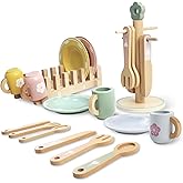 Play Dishes for Kids Kitchen, Wooden Play Kitchen Accessories, Play Plates and Cups for Kids Kitchen , Play Kitchen Dishes for Toddlers Boys and Girls 3 4 5 6
