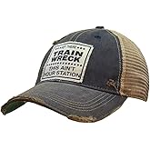 VINTAGE LIFE Hey Train Wreck This Ain't Your Station Distressed Trucker Cap, One Size, Navy Blue, Cotton and Polyester, Headgear, Hat, Headwear