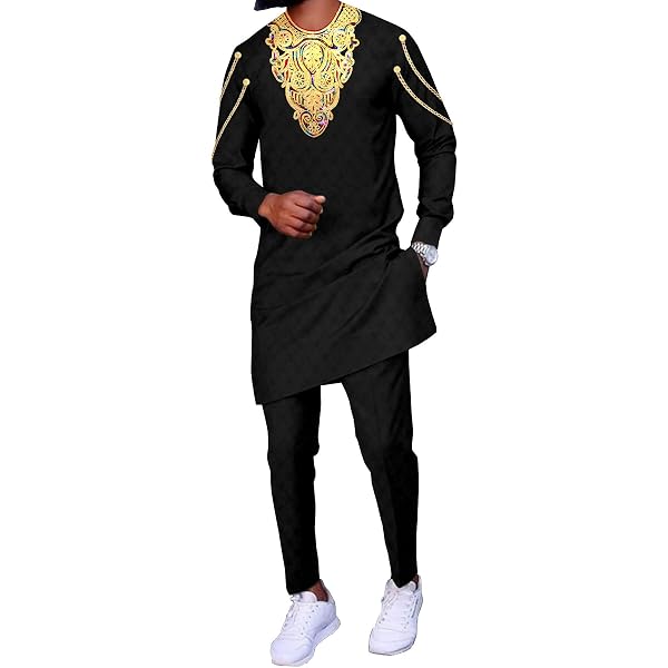 Men's African Wedding & Party 2-Piece Set - Chains Embroidery Short Sleeve Shirt & Pants - Custom Sizes Up To 5XL