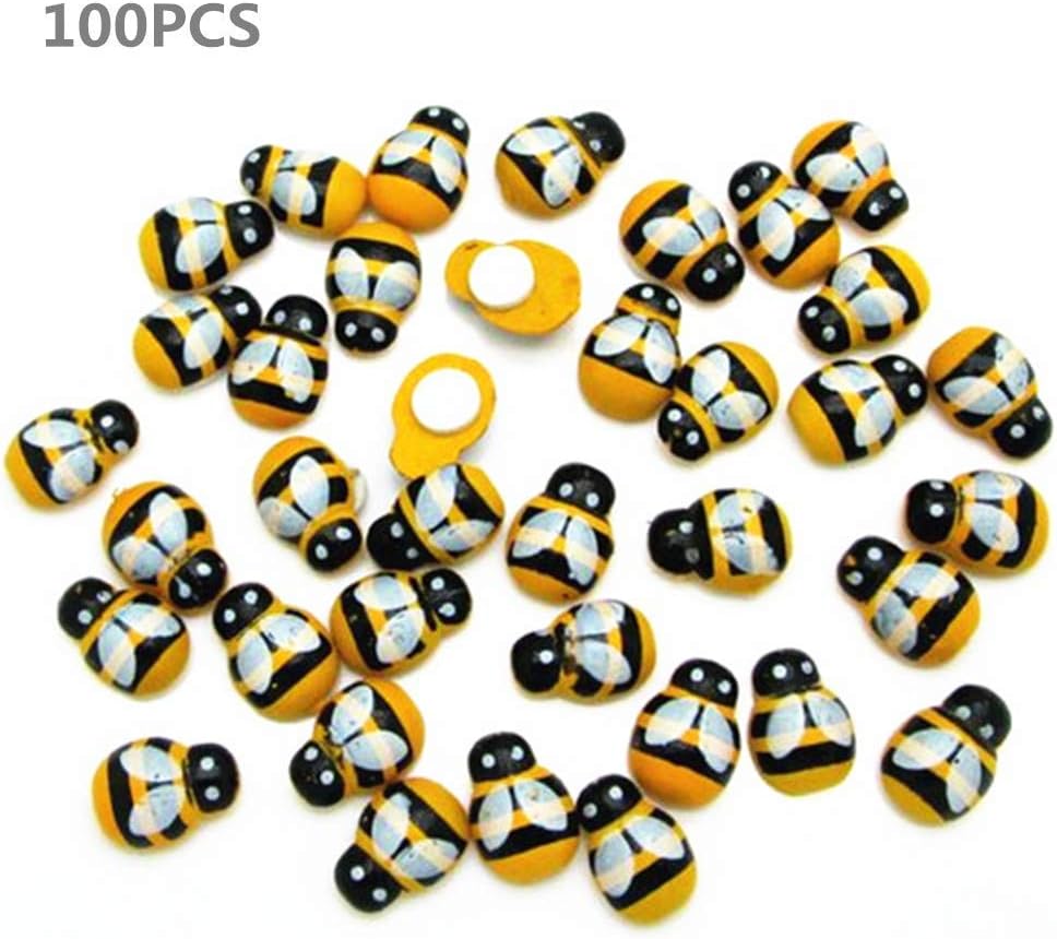 YiFeiCT Mini Wooden Bees with Adhesive Embellishments Painted Flatback Wood Bumble Bee for DIY Craft Decoration Scrapbooking 100 PACK