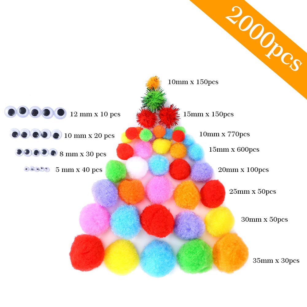 Caydo 2000 Pieces Assorted Sizes Multicolor Pompoms Glitter Pom Poms with 4 Sizes Wiggle Eyes for Hobby DIY Art Craft Supplies