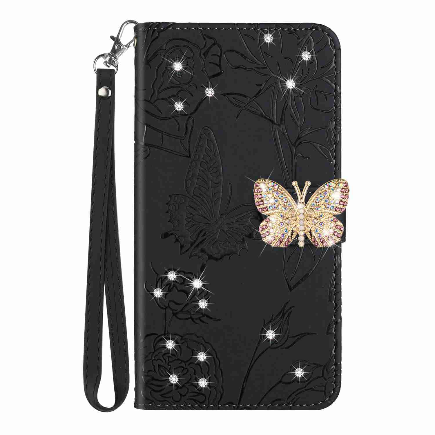 Reevermap Honor 70 Case Glitter Crystal PU Leather Cover for Honor 70, Protective Flip Wallet Embossed Butterfly & Flower Shiny Magnetic Clasp Bumper with Kickstand, Black