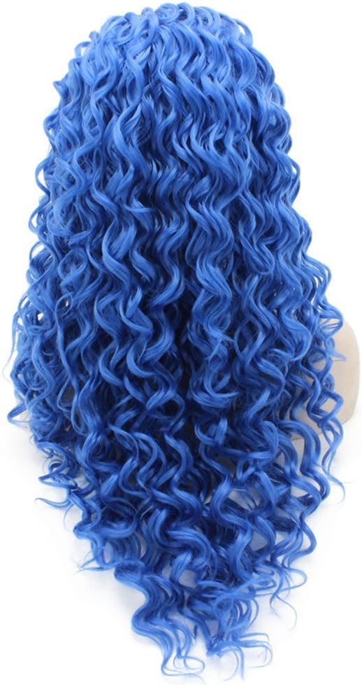 Long Curly Blue Synthetic Lace Front Cosplay Party Wig - Image 3
