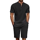 COOFANDY Men's 2 Pieces Linen Set Casual Henley Shirts Short Sleeve Beach Yoga Shorts Summer Pants Outfits