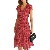 RIHOAS Women's Polka Dot Wrap Midi Dress,V-Neck Short Sleeve High Low Hem Womens Summer Dress