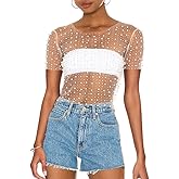 LOFAAC Women Sexy Pearl Rhinestone Beaded Sheer Mesh Crop Tee Shirt Slim Fit Short Sleeve See Through Cover Up Crop Top