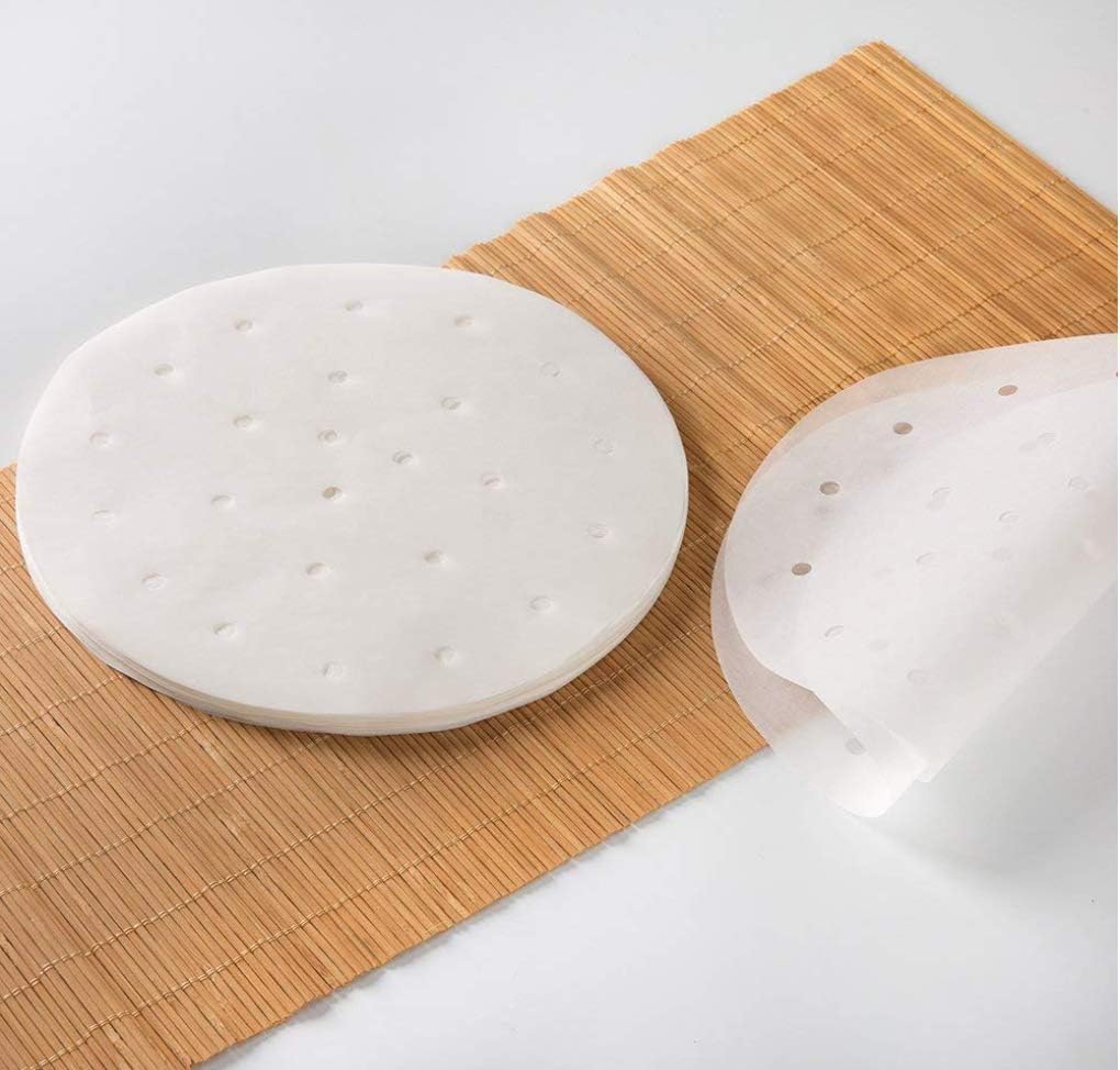 100pcs Greaseproof Air Fryer Liners, 9 inches Bamboo Steamer Liners, Premium Perforated Parchment Papers, Non-Stick Basket Mat, Perfect for 5.3 & 5.8 QT Air Fryers/Baking/Cooking