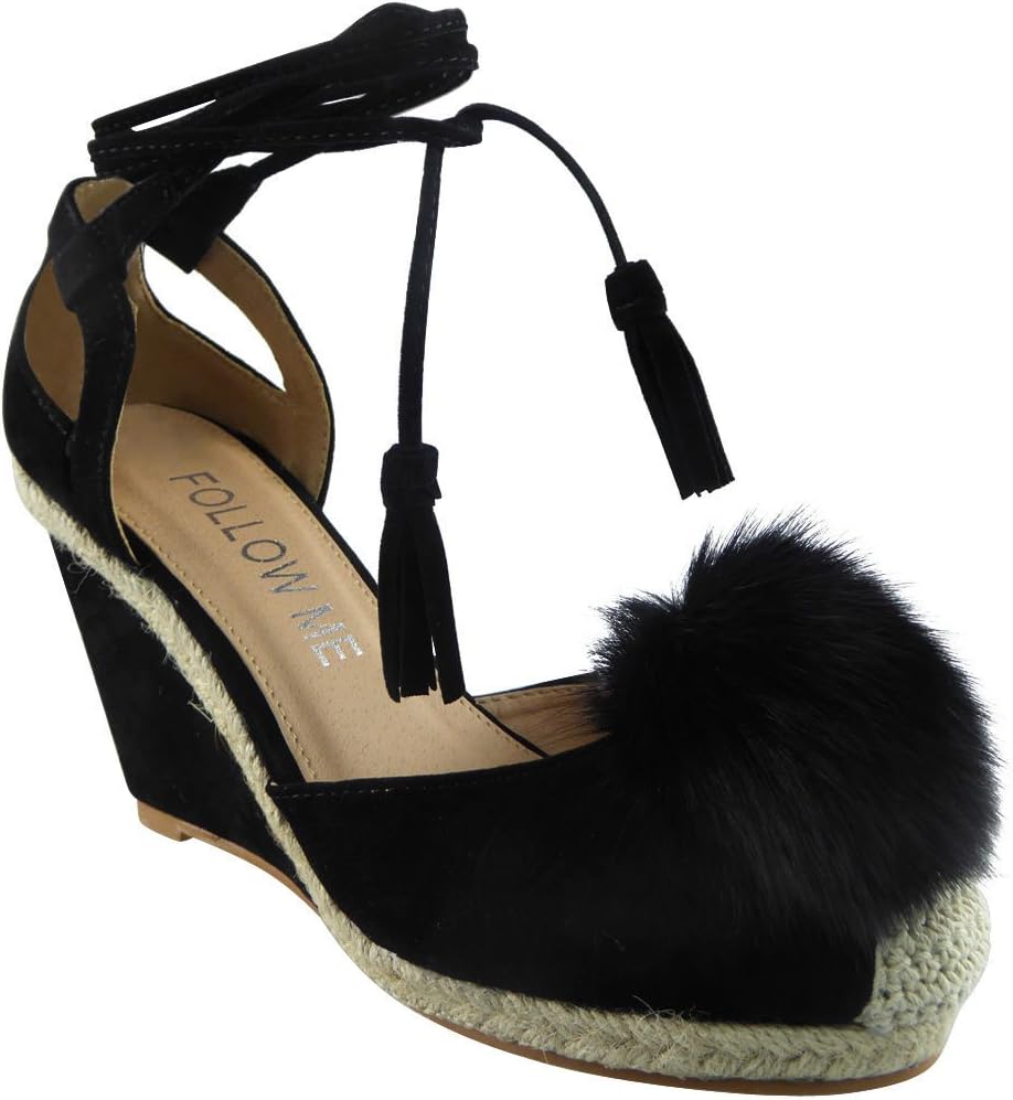 CORE COLLECTION New Womens Ladies TIE up Lace POM POM Fur Espadrilles Wedges Shoes Size 3-8