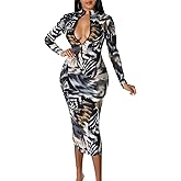 JerXox Women's Sexy Bodycon Midi Dress Long Sleeve Zipper Stretchy Printed Party Dresses