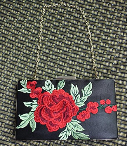 Women's Red Rose Floral Embroidered Satin Evening Clutch Vintage Metal Clasp Formal Purse(Black) - Thumbnail 4