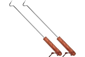 LQLMCOS 2Pcs Food Flipper Turner Hooks Stainless Steel BBQ Meat Hooks Cooking Barbecue Turners Hooks Grill Accessories with Wooden Handle for Grilling & Smoking (2 Pcs 17.5 in)