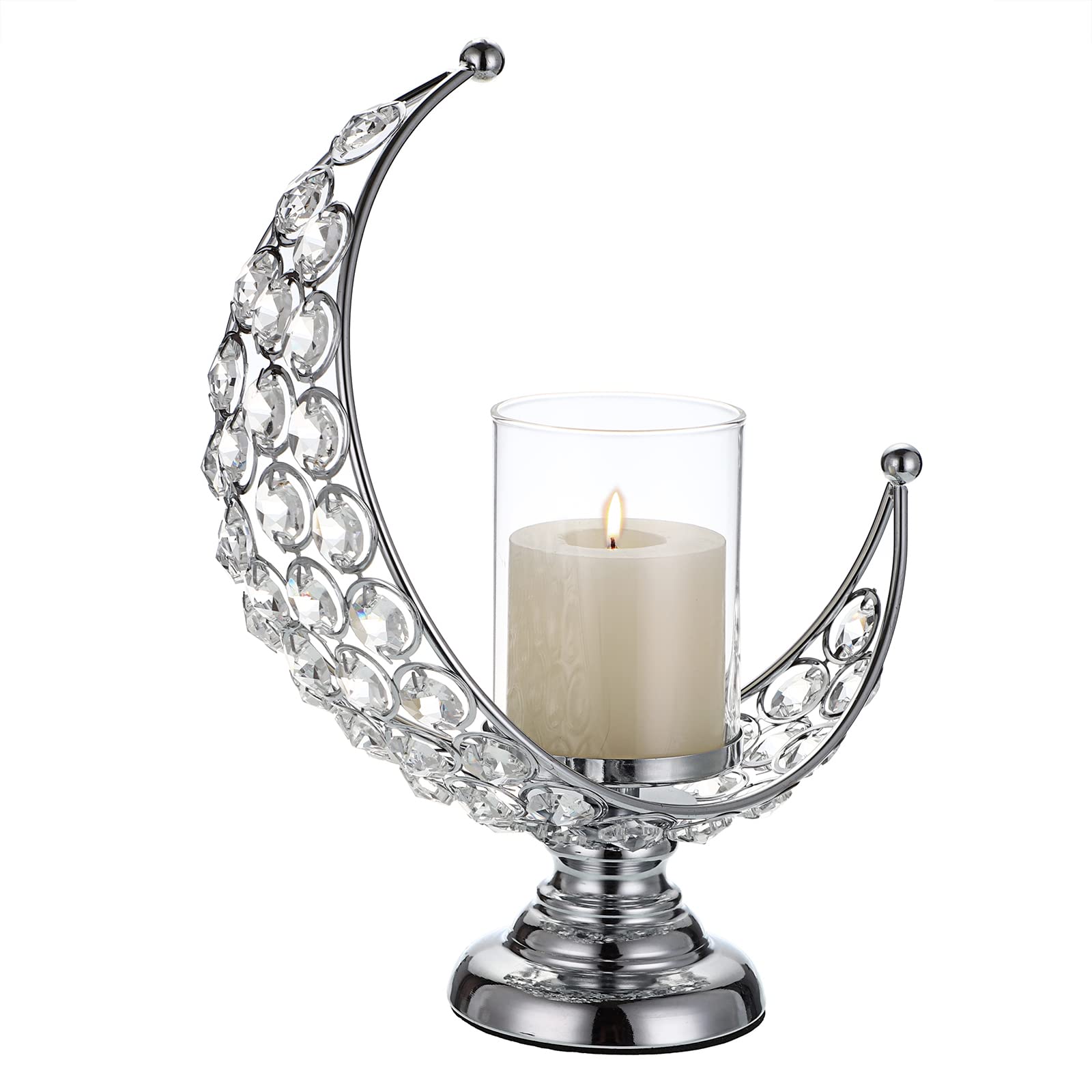 Tolida Moon Shape Crystal Tea Light Candelabra Candle Holder with Detachable Shade for Home Office Wedding Party Reception Table Center Decoration, Silver