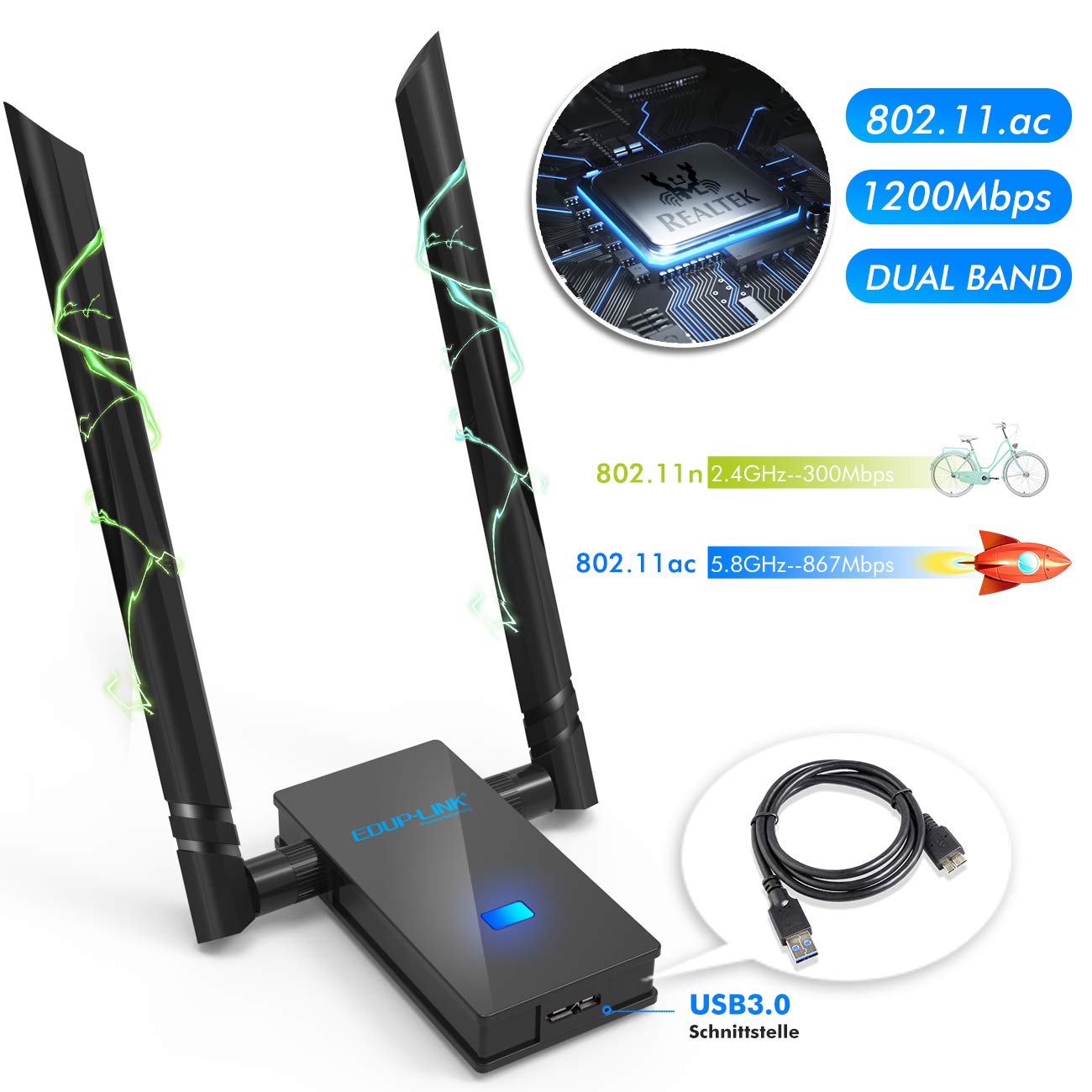EDUPLINK AC 1200Mbps WiFi Adapter USB 3.0 Wireless Network Card Wi-Fi Dongle Adapter 802.11ac Dual Band 5G/2.4G 6dBi External Dual Antennas for Mac OS X 10.6-10.14,Windows XP/10/8/7,Vista