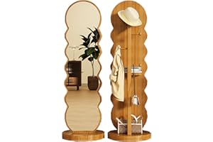 65-inch Standing Mirror, 360° Rotating Wooden Full-Length Mirror with Coat Rack, Hd Shatterproof Glass, Freestanding Design, 