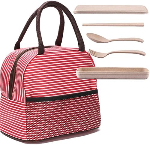 Insulated Lunch Bonus Flatware Set, Akesky Bag Tote Bag Lunch Organizer Lunch Holder Lunch Container for Adult Kids Women Men Boys Girls (Red White Stripes)