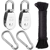 Feibmir M25 Pulley Block, 2Pcs, Heavy Duty Pulley System for Lifting | 304 Stainless Steel, Swivel Single Rope Pulley Wheel, 31M (4mm) Nylon Rope Included, 2Pcs Carabiner Snap Hooks Included