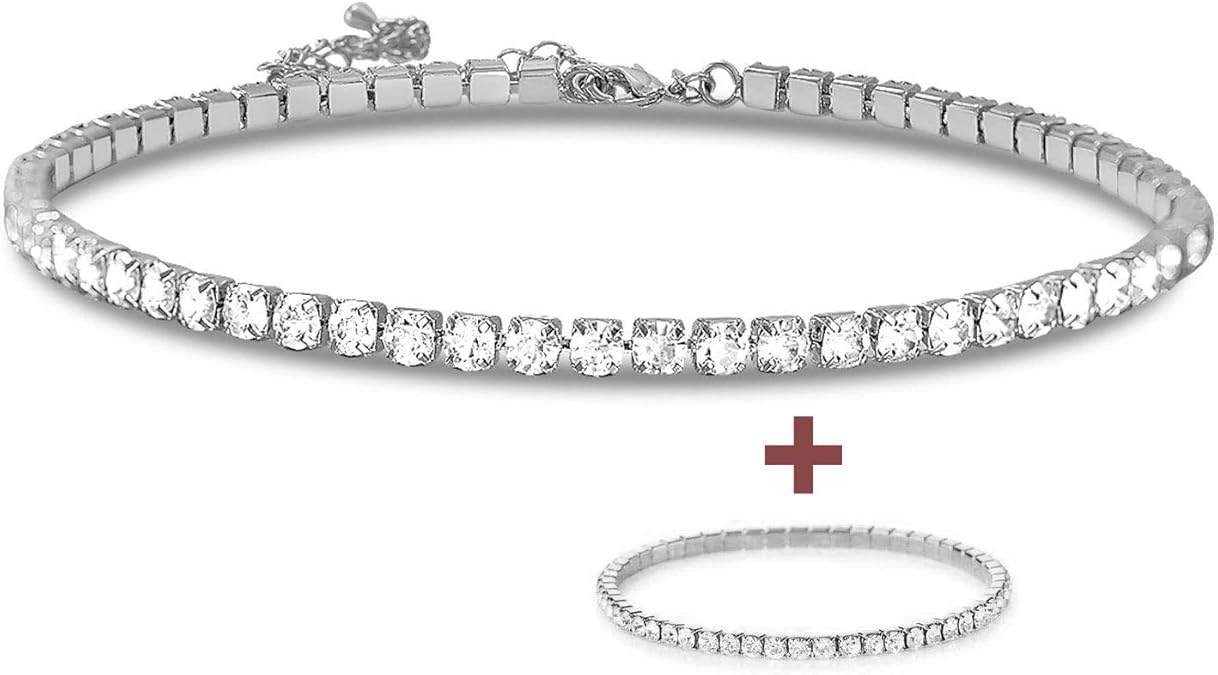 Zealmer Single Fake Diamond Chain Choker Necklace with Stretch Bracelet