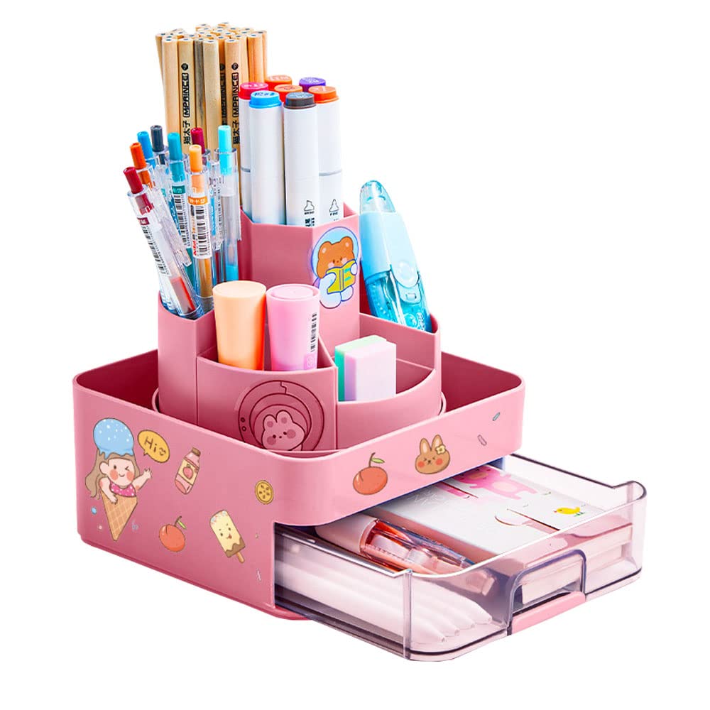 360° Rotatable Rotating Pen Caddy, Creative Pen Pot, Desktop Stationary Organizer, with 2 Piece Cartoon Stickers, with 7 Compartments and Anti Slip Mat, for Office Storage, Dressing Table (Pink 1)