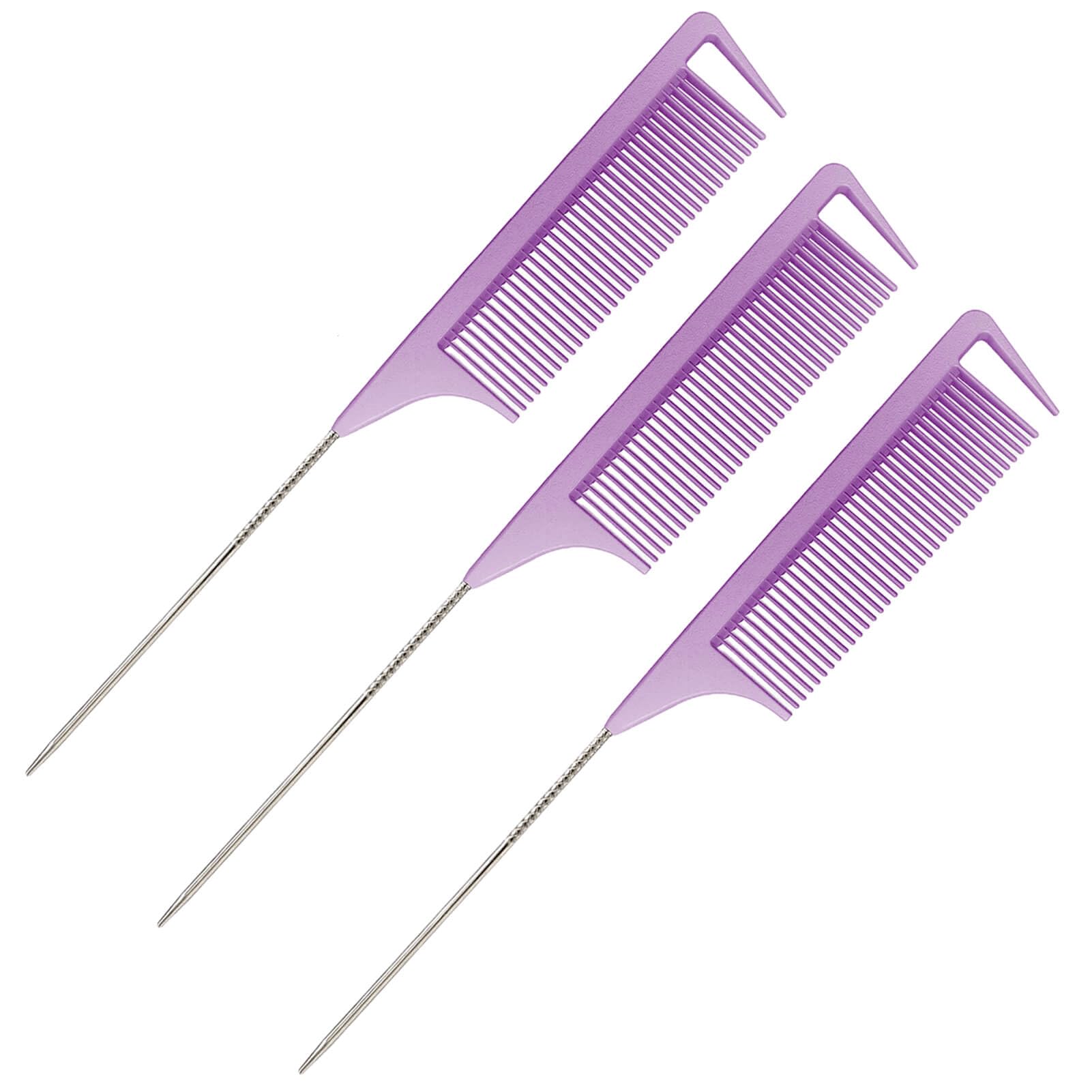 Purple Hair Comb, 3Pcs Nylon Rat Tail Parting Combs for Braiding Hair, with Stainless Steel Pintail for Sectioning and Styling