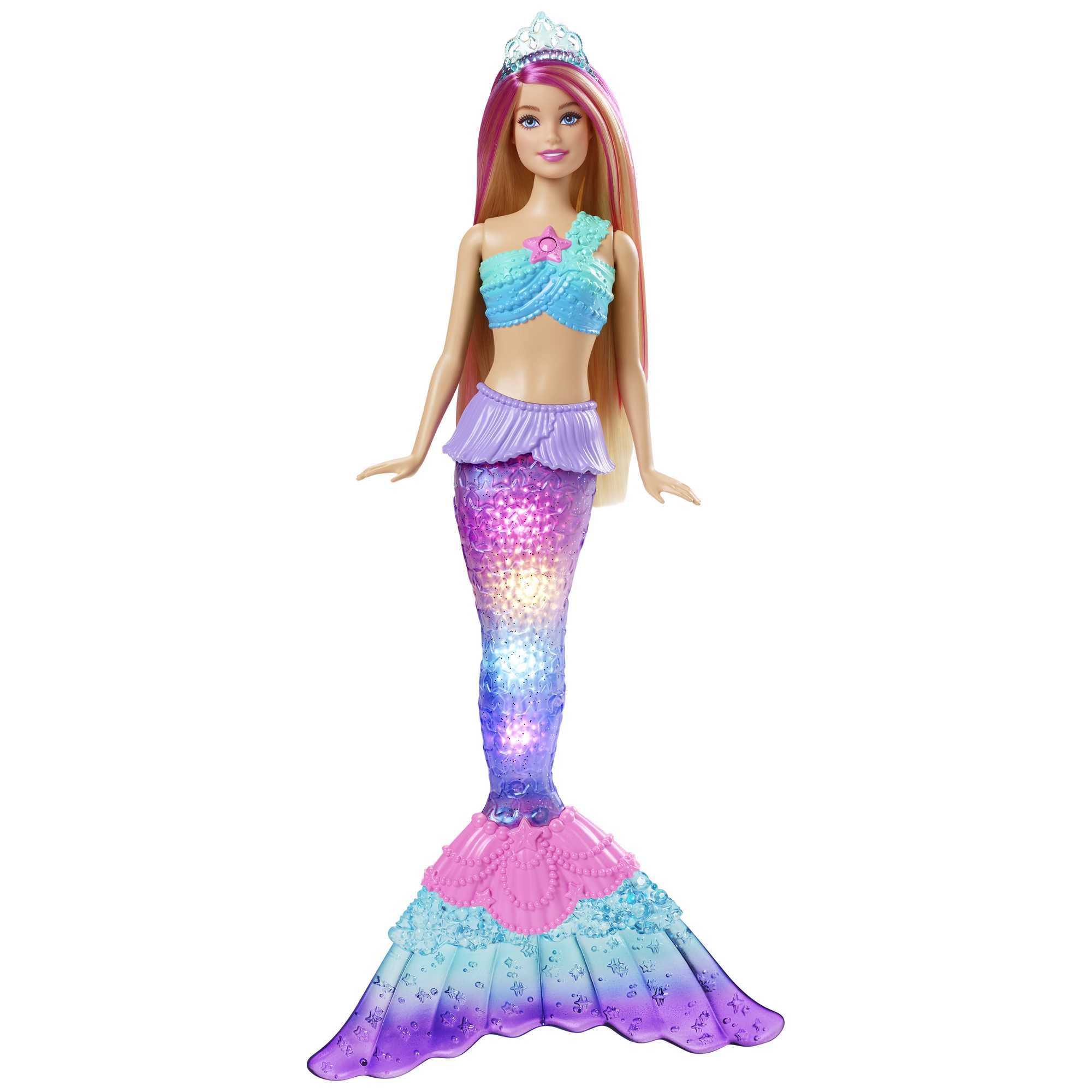 Mermaid Barbie Doll with Water-Activated Twinkle Light-Up Tail, Barbie Dreamtopia Mermaid Toys, Pink-Streaked Hair, HDJ36