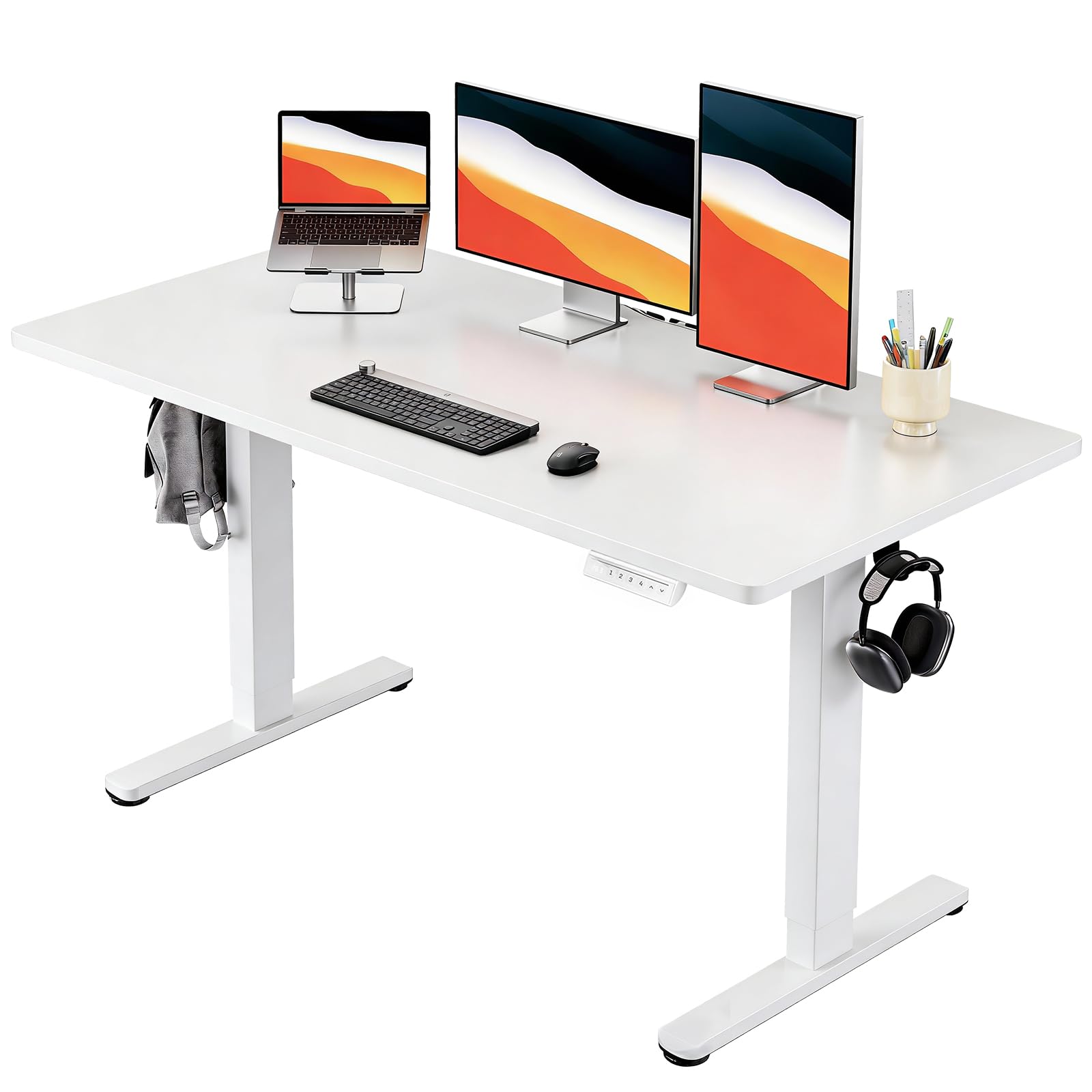 HUANUO Electric Standing Desk, Whole Piece Desktop, Adjustable Height Computer Desk, 4 Height Memory Settings, Sit Stand Up Desk for Home Office, 55" x 27", White Image
