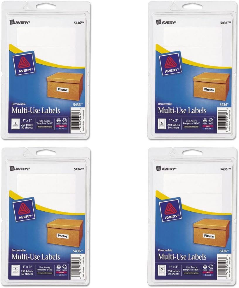 Avery Removable Print/Write Labels, 1 x 3 Inches, White, Pack of 250 (5436), 4 Packs