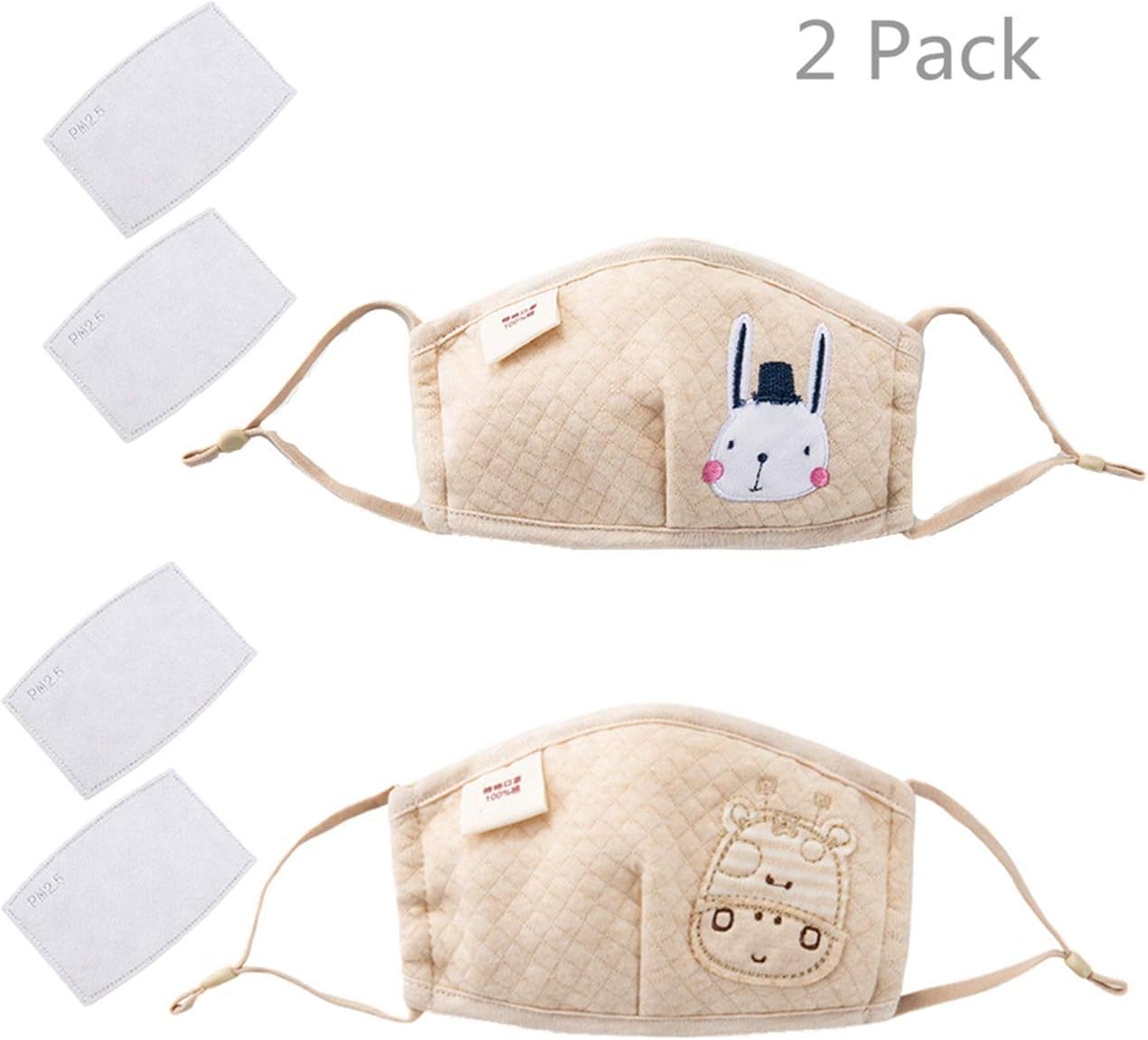 2 Pcs Kids Cotton Face Cover Washable Reusable Boys Girls Cartoon Amimal Adjustable Face Cover with 4 Air Replaceable Filter Sheet-combination 7