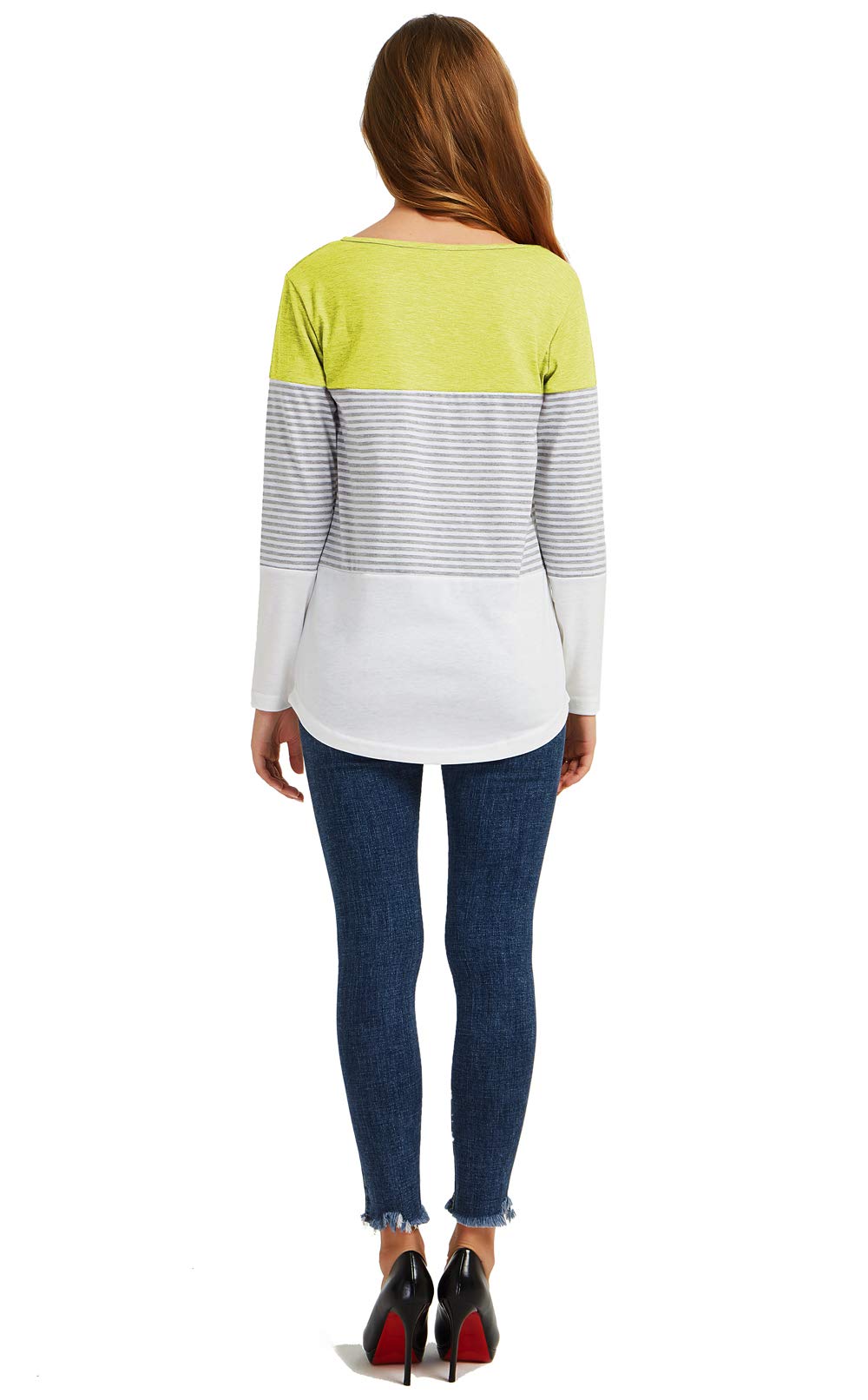 Gititlys Women Crew Neck Long Sleeve Striped Loose T-Shirt（S-2XL） (L, Yellow)