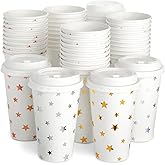BLUE PANDA Disposable Coffee Cups with Lids - 16 Oz, 48-Pack, White Foil Stars - Paper Cups for Hot Drinks & Coffee to Go
