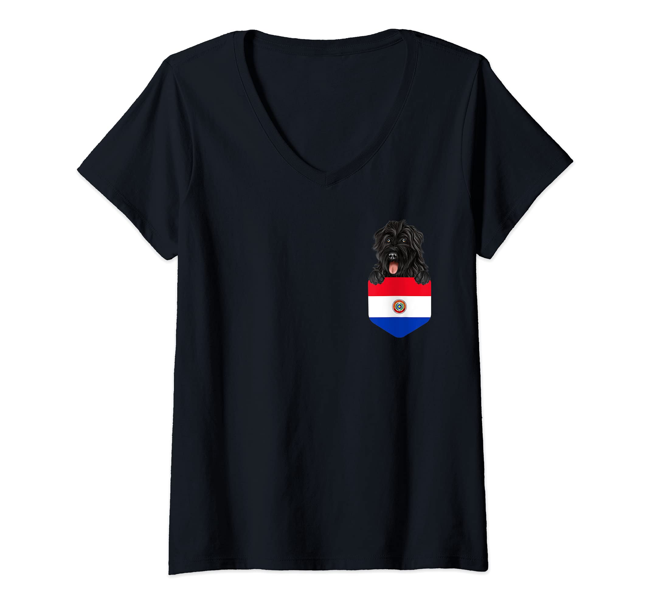 Womens Paraguay Flag Bouvier des Flandres Dog In Pocket V-Neck T-Shirt