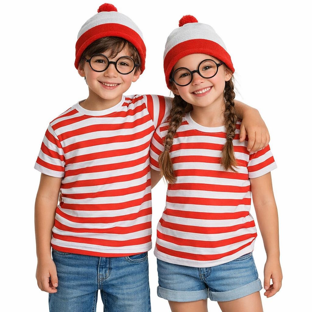FAIRY BOUTIQUE Kids Red and White T-Shirt Hat Glasses Set, Boys Girls Book Week Dress Party Costume Age 5-13 Years (Red White 3pcs Set, 11-12 Years)